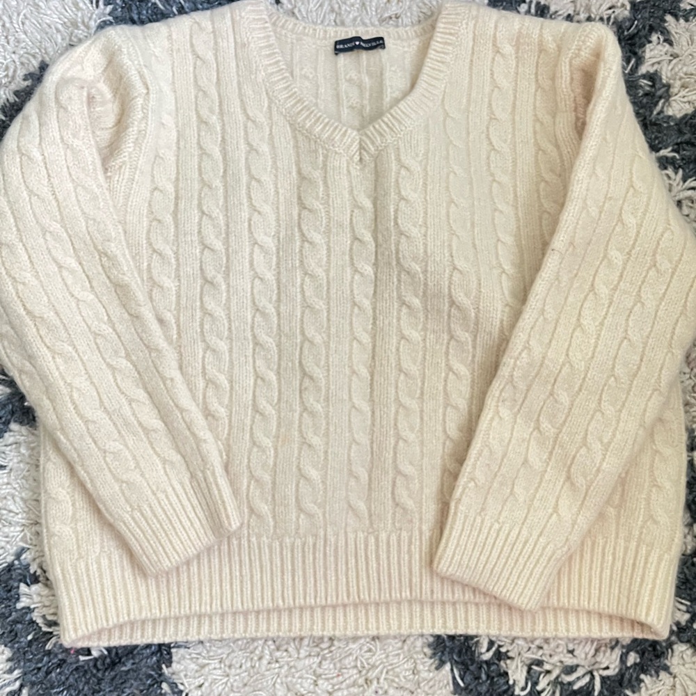 Brandy Melville Cream Cable Knit V-Neck Sweater